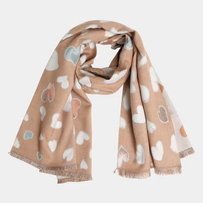 Truedames Heart Pattern Fringe Oblong Scarf In Brown