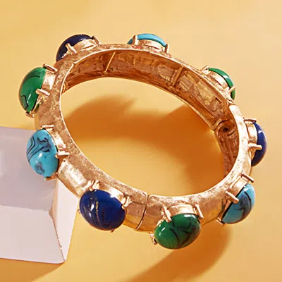 Fashnzfab Natural Round Stone Pointed Brushed Metal Stretch Bracelet In Gold