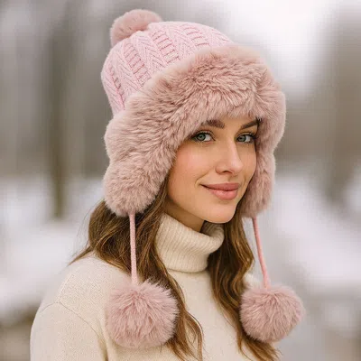 Fashnzfab Faux Fur Ear Flap Pom Pom Winter Trapper Hat In Pink