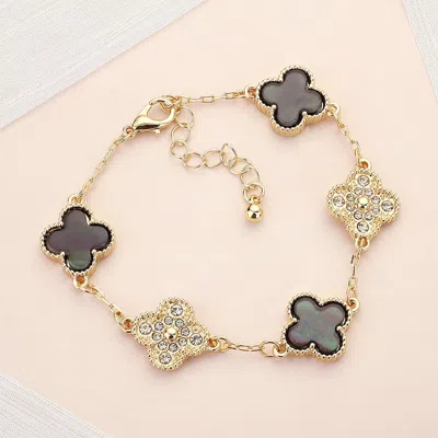 Fashnzfab Stone Paved Natural Stone Quatrefoil Link Bracelet In Gold