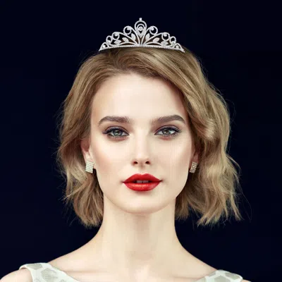 Fashnzfab Round Centerpiece Rhinestone Paved Leafy Accent Swirling Frame Crown Princess Tiara In Metallic