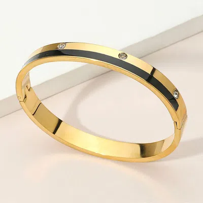 Fashnzfab Stainless Steel Enamel Inlay Cz Stone Accents Hinged Bangle Bracelet In Gold