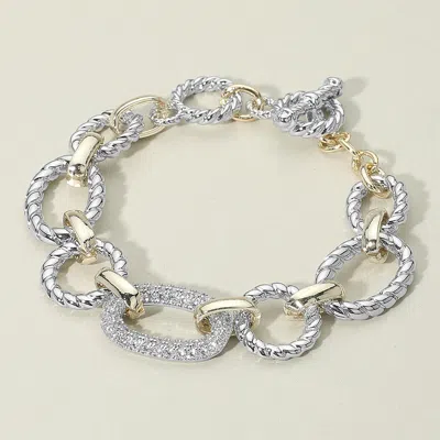 Fashnzfab 14k Gold Plated Cz Stone Paved Link Accent Two Tone Chunky Chain Link Bracelet In Gold