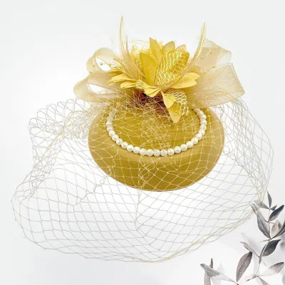 Fashnzfab Flower Bead Feather Netting Pearl Accented Fascinator / Headband In Yellow