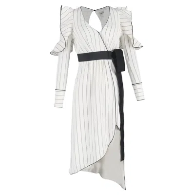Self-portrait Striped Crepe Ruffled Belted Midi Dress In White Polyester In White