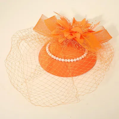 Fashnzfab Flower Bead Feather Netting Pearl Accented Fascinator / Headband In Orange