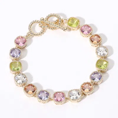 Fashnzfab 14k Gold Plated Square Cz Stone Link Evening Toggle Bracelet In Multi