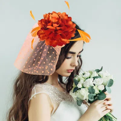 Fashnzfab Flower Feather Veil Fascinator / Headband In Orange