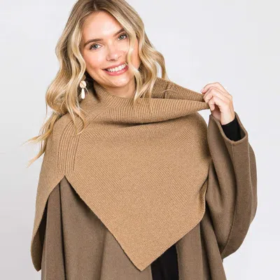 Truedames Slit Turtleneck Knit Shawl Scarf In Brown