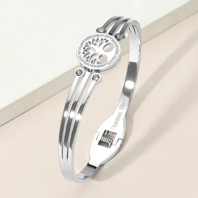 Fashnzfab Stainless Steel Tree Of Life Cz Stone Accent Hinged Bangle Bracelet In Metallic