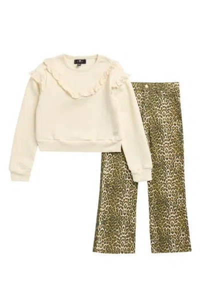 7 For All Mankind Kids' Ruffle Sweatshirt & Leopard Jeans Set In Multi