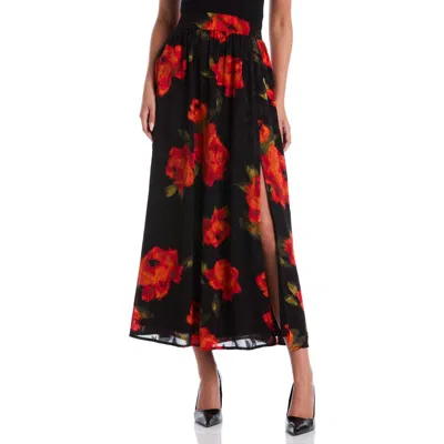 Laundry By Shelli Segal Rose Print Thigh Slit Maxi Skirt In Black