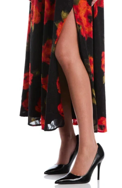 Laundry By Shelli Segal Rose Print Thigh Slit Maxi Skirt In Black