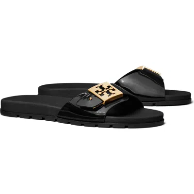 Tory Burch Prominent Buckle Slide Sandals In Smooth Leather In Black