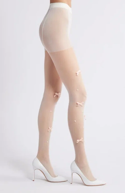 High Heel Jungle Nevermore Peek Bow Imitation Pearl Sheer Tights In White
