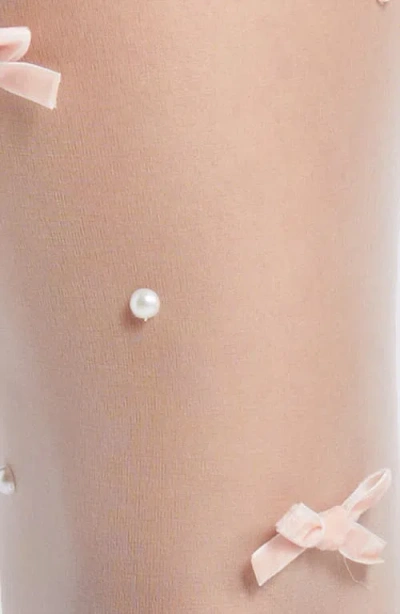 High Heel Jungle Nevermore Peek Bow Imitation Pearl Sheer Tights In White