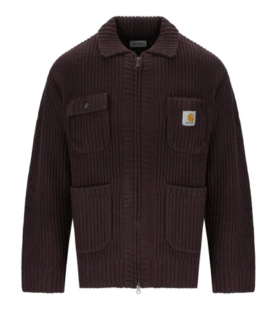 Carhartt Ip Mens Chore Logo-patch Knitted Wool-blend Cardigan Palisander In Brown