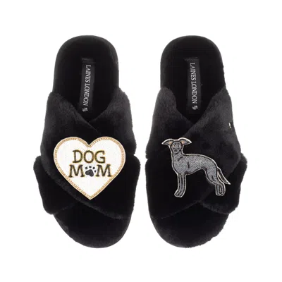 Laines London Women's Classic Laines Slippers With Dog Mum/mom & Blue Italian Greyhound Brooches - Black In Black
