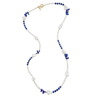 Farra Women's Baroque Pearls With Blue Lapis And Kyanite Long Necklace In Blue