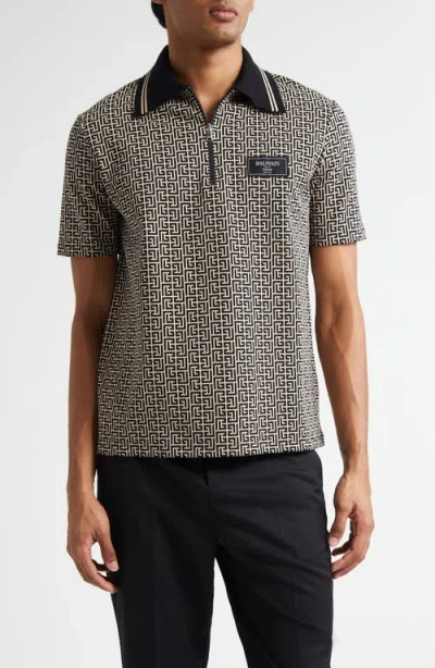 Balmain Men Labyrinth Polo Shirt With Jacquard Effect In Black