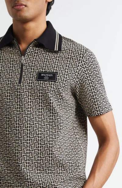 Balmain Men Labyrinth Polo Shirt With Jacquard Effect In Black