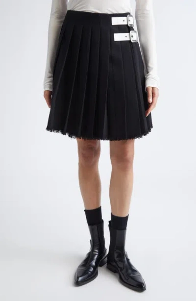 Jil Sander Belted Waist Raw Hem Pleated Wool Canvas Skirt In Multi