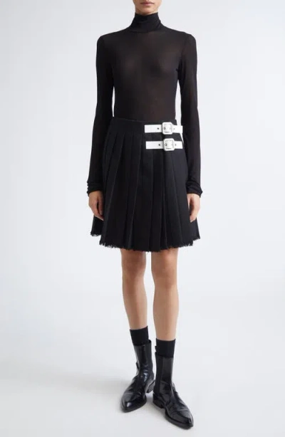Jil Sander Belted Waist Raw Hem Pleated Wool Canvas Skirt In Multi