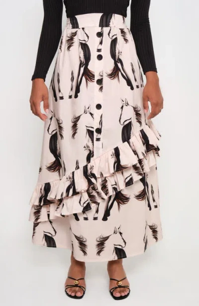 The Lulo Project Gaucho Horse Print Stretch Cotton Maxi Skirt In Neutral