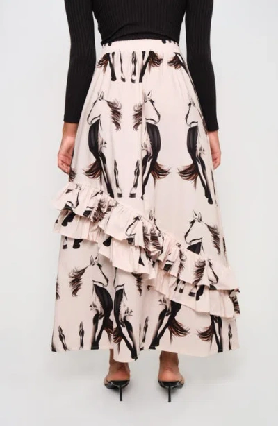 The Lulo Project Gaucho Horse Print Stretch Cotton Maxi Skirt In Neutral