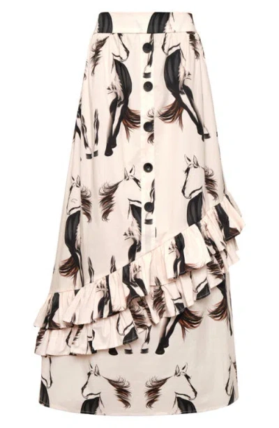 The Lulo Project Gaucho Horse Print Stretch Cotton Maxi Skirt In Neutral