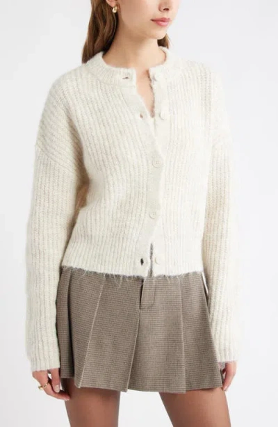 Open Edit Fuzzy Crewneck Cardigan In White