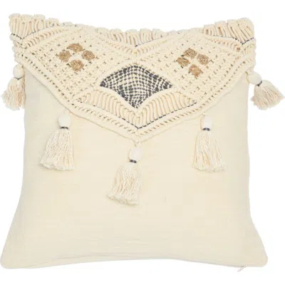 Storied Home Hand-woven Cotton And Jute Macramé Pillow With Tassels In White