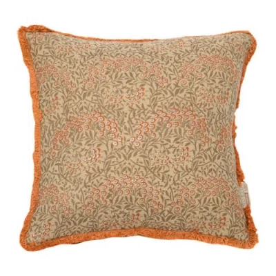 Storied Home Cotton Pillow With Metallic Printed Floral Pattern And Eyelash Fringe In Orange