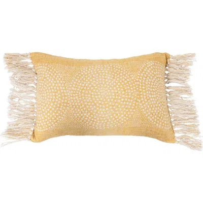 Storied Home Stonewashed Cotton Slub Lumbar Pillow With Dot Pattern And Fringe In Yellow