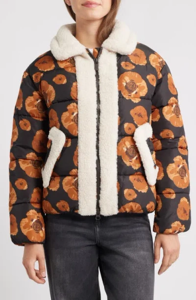 Save The Duck Sugar Water Resistant Floral Puffer Jacket With High Pile Fleece Trim In Brown