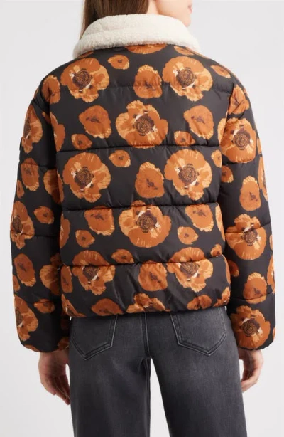 Save The Duck Sugar Water Resistant Floral Puffer Jacket With High Pile Fleece Trim In Brown