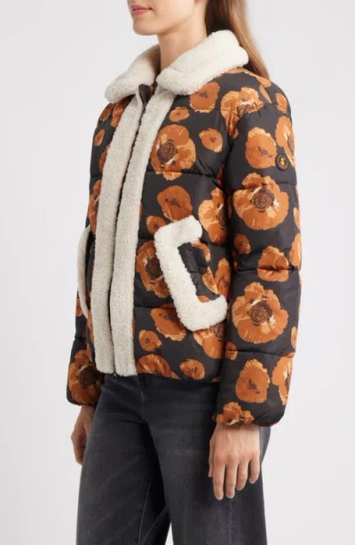 Save The Duck Sugar Water Resistant Floral Puffer Jacket With High Pile Fleece Trim In Brown