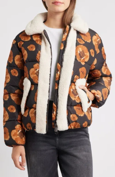 Save The Duck Sugar Water Resistant Floral Puffer Jacket With High Pile Fleece Trim In Brown