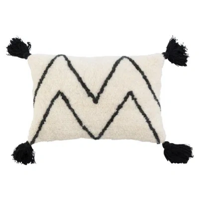 Storied Home Bloomingville Wool Blend Tufted Lumbar Pillow With Chevron And Tassels, Black And White In White