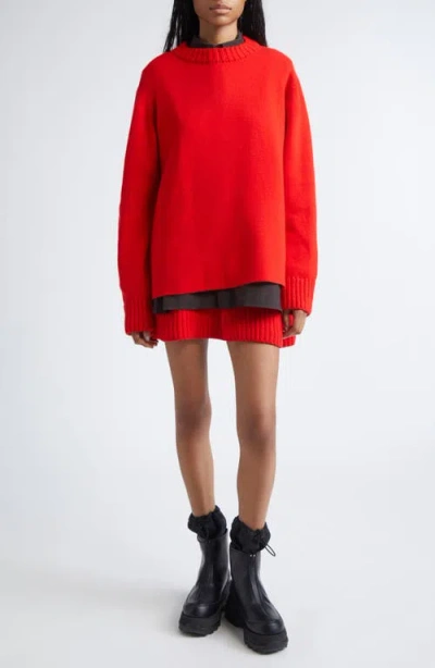 Sacai Mixed Media Long Sleeve Wool Suiting & Knit Sweater Dress In Red