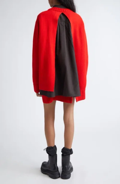 Sacai Mixed Media Long Sleeve Wool Suiting & Knit Sweater Dress In Red