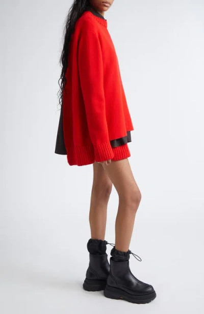 Sacai Mixed Media Long Sleeve Wool Suiting & Knit Sweater Dress In Red