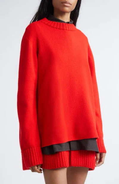 Sacai Mixed Media Long Sleeve Wool Suiting & Knit Sweater Dress In Red