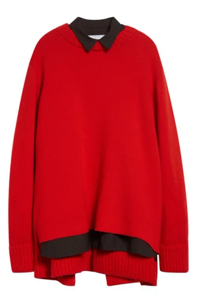 Sacai Mixed Media Long Sleeve Wool Suiting & Knit Sweater Dress In Red
