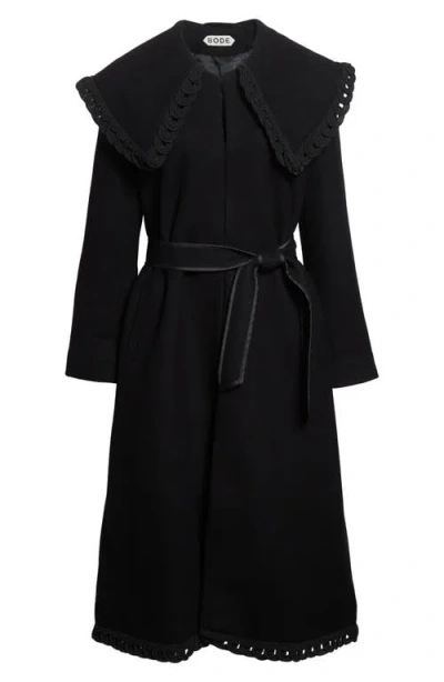 Bode Dover Belted Embroidered Wool Coat In Black