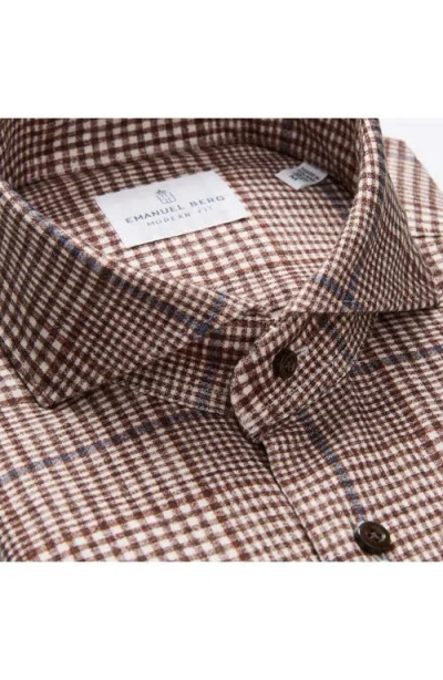 Emanuel Berg Modern Fit Glen Check Stretch Cotton Knit Dress Shirt In Brown