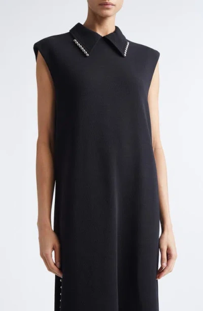 Jil Sander Bead Embellished Sleeveless Stretch Virgin Wool Blend Midi Dress In Black