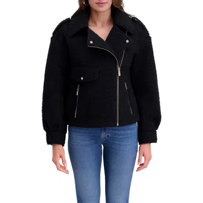 Kensie Boucle Wool Moto Jacket In Black