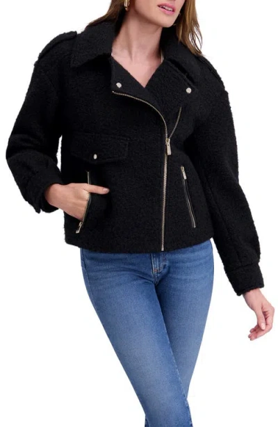 Kensie Boucle Wool Moto Jacket In Black
