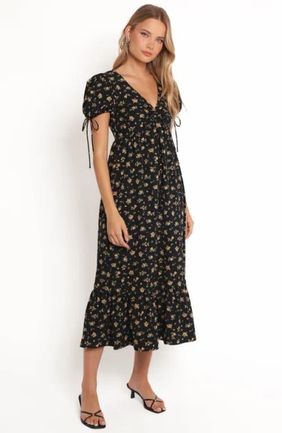 Petal And Pup Petal & Pup Zina Floral Puff Sleeve Midi Dress In Black